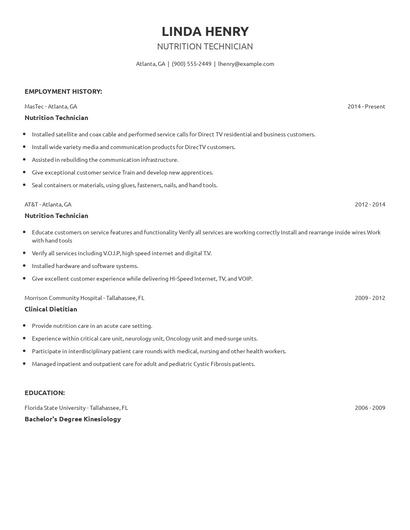Nutrition Technician Resume
