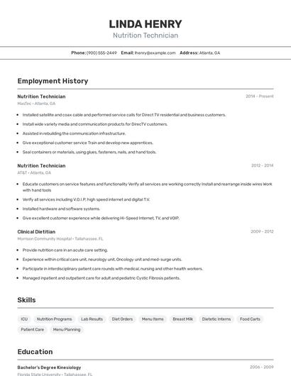 Nutrition Technician Resume