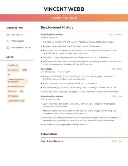 Nutrition Technician Resume
