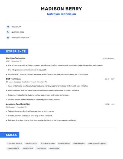 Nutrition Technician Resume