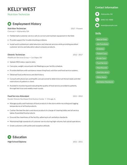 Nutrition Technician Resume