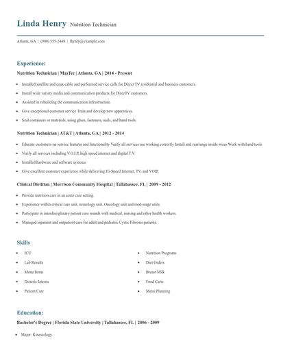 Nutrition Technician Resume