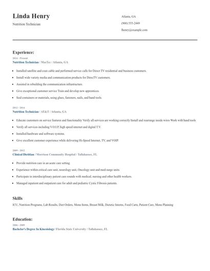 Nutrition Technician Resume