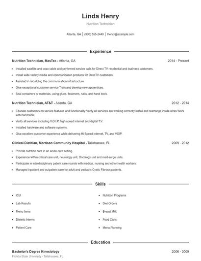 Nutrition Technician Resume