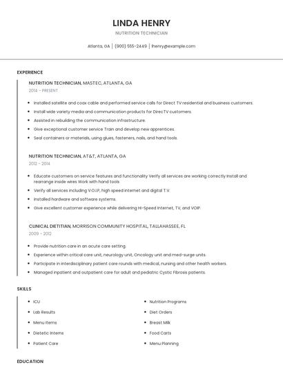 Nutrition Technician Resume