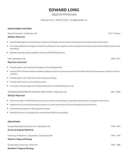 Ob/Gyn Physician Resume