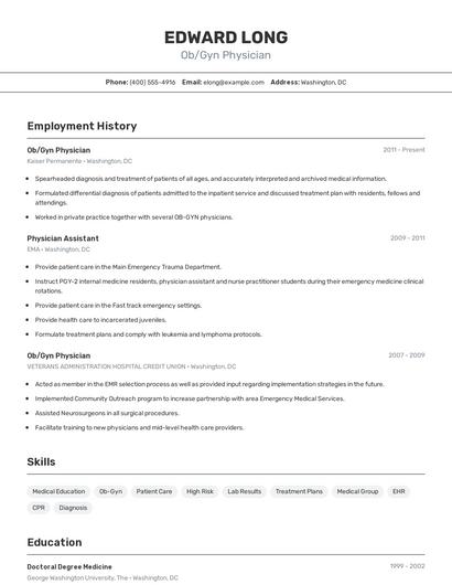 Ob/Gyn Physician Resume