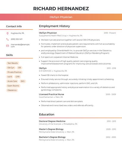 Ob/Gyn Physician Resume