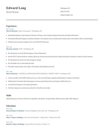 Ob/Gyn Physician Resume