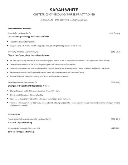 Obstetrics-Gynecology Nurse Practitioner Resume