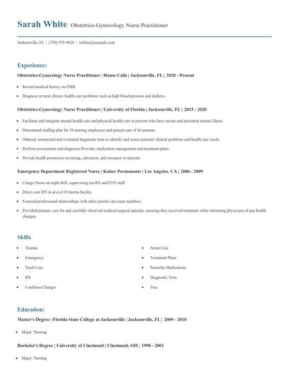 Obstetrics-Gynecology Nurse Practitioner Resume