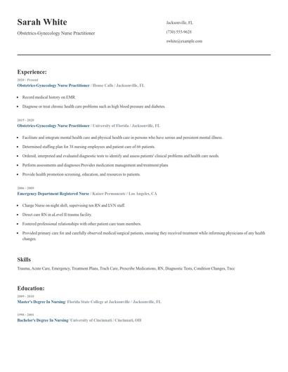 Obstetrics-Gynecology Nurse Practitioner Resume