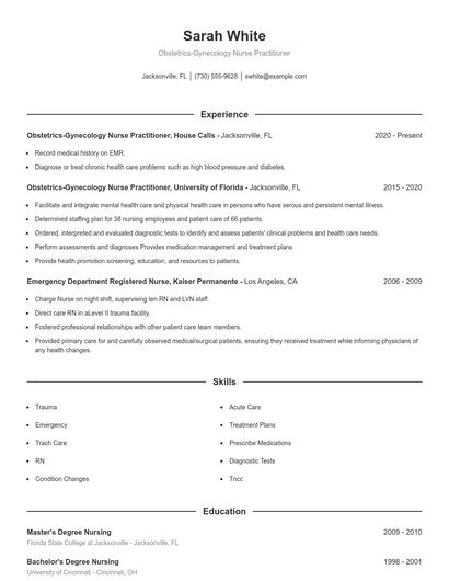 Obstetrics-Gynecology Nurse Practitioner Resume
