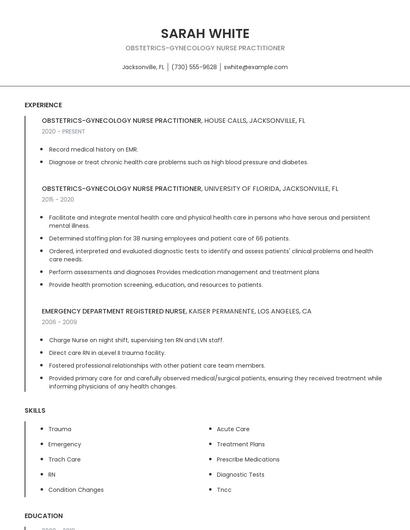 Obstetrics-Gynecology Nurse Practitioner Resume