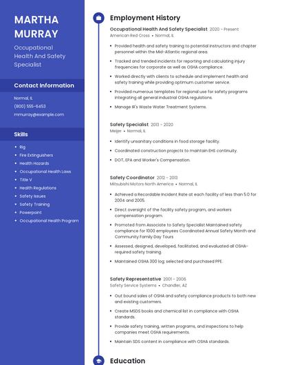 Occupational Health And Safety Specialist Resume