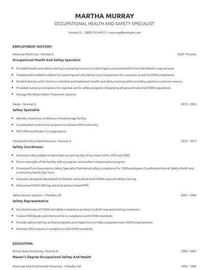 Occupational Health And Safety Specialist Resume