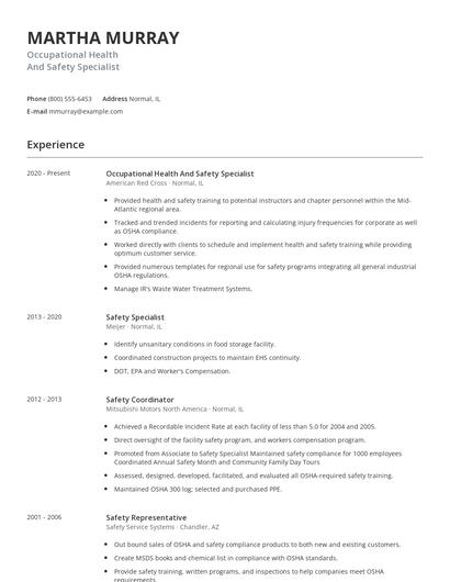 Occupational Health And Safety Specialist Resume