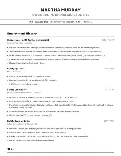 Occupational Health And Safety Specialist Resume