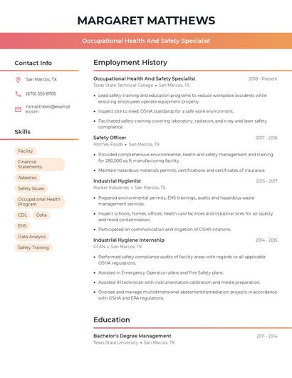 Occupational Health And Safety Specialist Resume