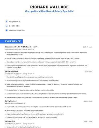 Occupational Health And Safety Specialist Resume