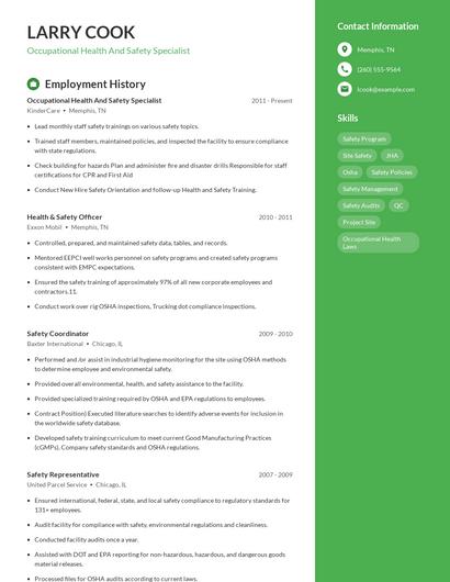 Occupational Health And Safety Specialist Resume