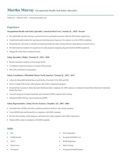 Occupational Health And Safety Specialist Resume