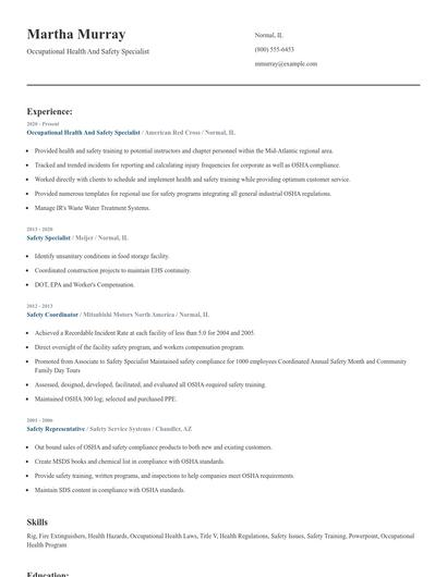 Occupational Health And Safety Specialist Resume