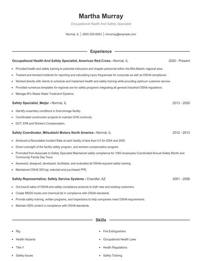Occupational Health And Safety Specialist Resume