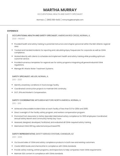 Occupational Health And Safety Specialist Resume