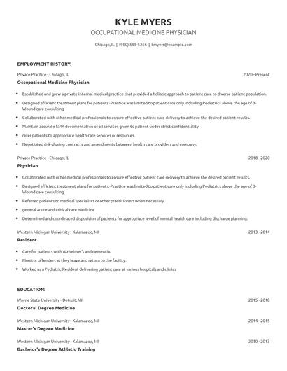 Occupational Medicine Physician Resume