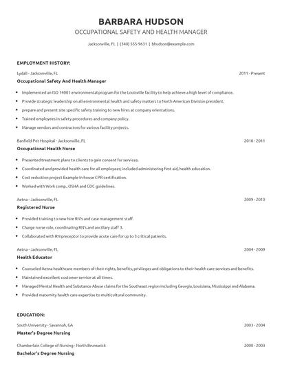 Occupational Safety And Health Manager Resume