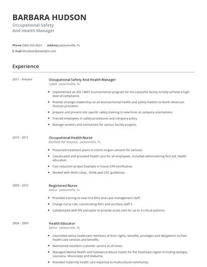 Occupational Safety And Health Manager Resume