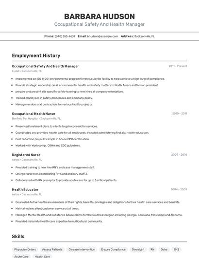 Occupational Safety And Health Manager Resume