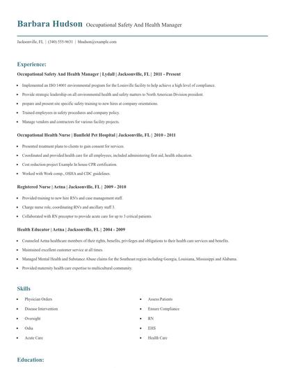 Occupational Safety And Health Manager Resume
