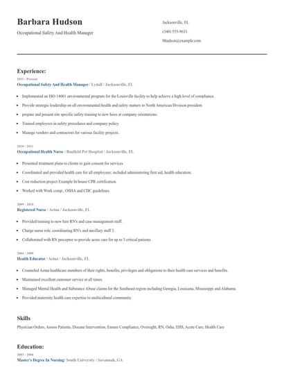 Occupational Safety And Health Manager Resume