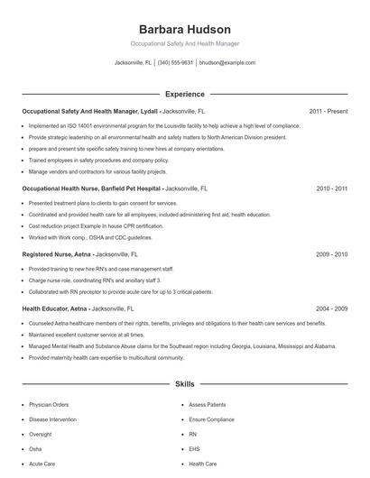 Occupational Safety And Health Manager Resume
