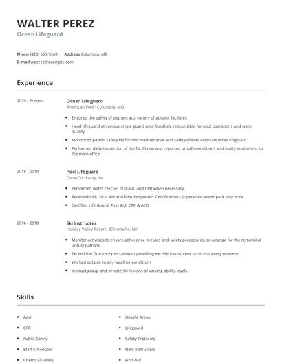 Ocean Lifeguard Resume