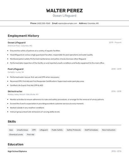 Ocean Lifeguard Resume