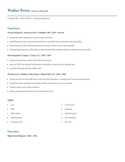 Ocean Lifeguard Resume