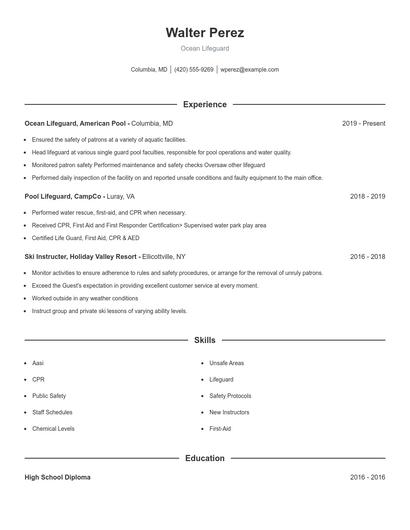 Ocean Lifeguard Resume
