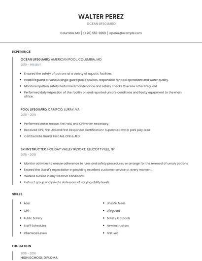 Ocean Lifeguard Resume