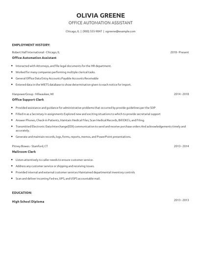 Office Automation Assistant Resume