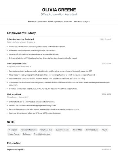 Office Automation Assistant Resume