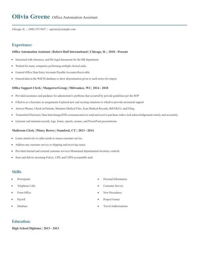 Office Automation Assistant Resume