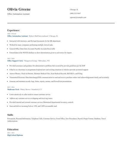 Office Automation Assistant Resume