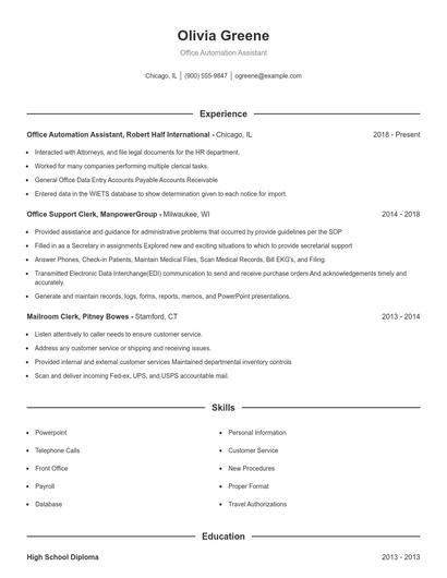Office Automation Assistant Resume