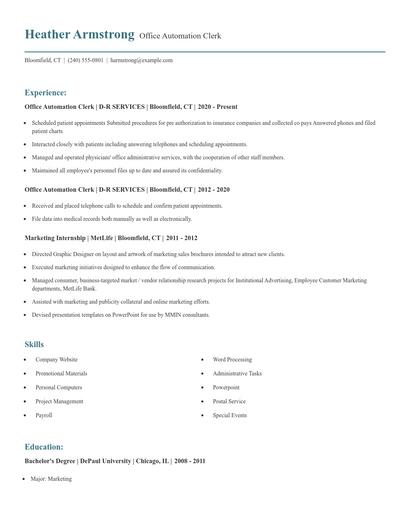 Office Automation Clerk Resume