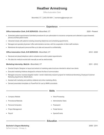 Office Automation Clerk Resume