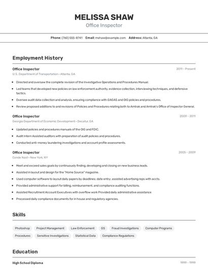 Office Inspector Resume