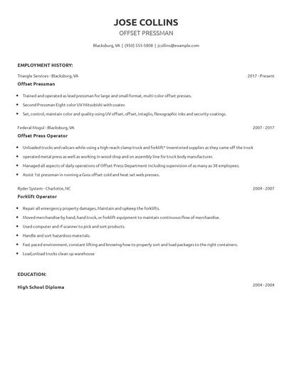 Offset Pressman Resume